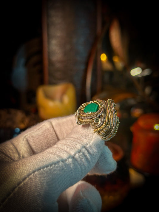“The Eye of Desire” - Size 6.25 Malachite & Green Apatite Wire Wrap Ring